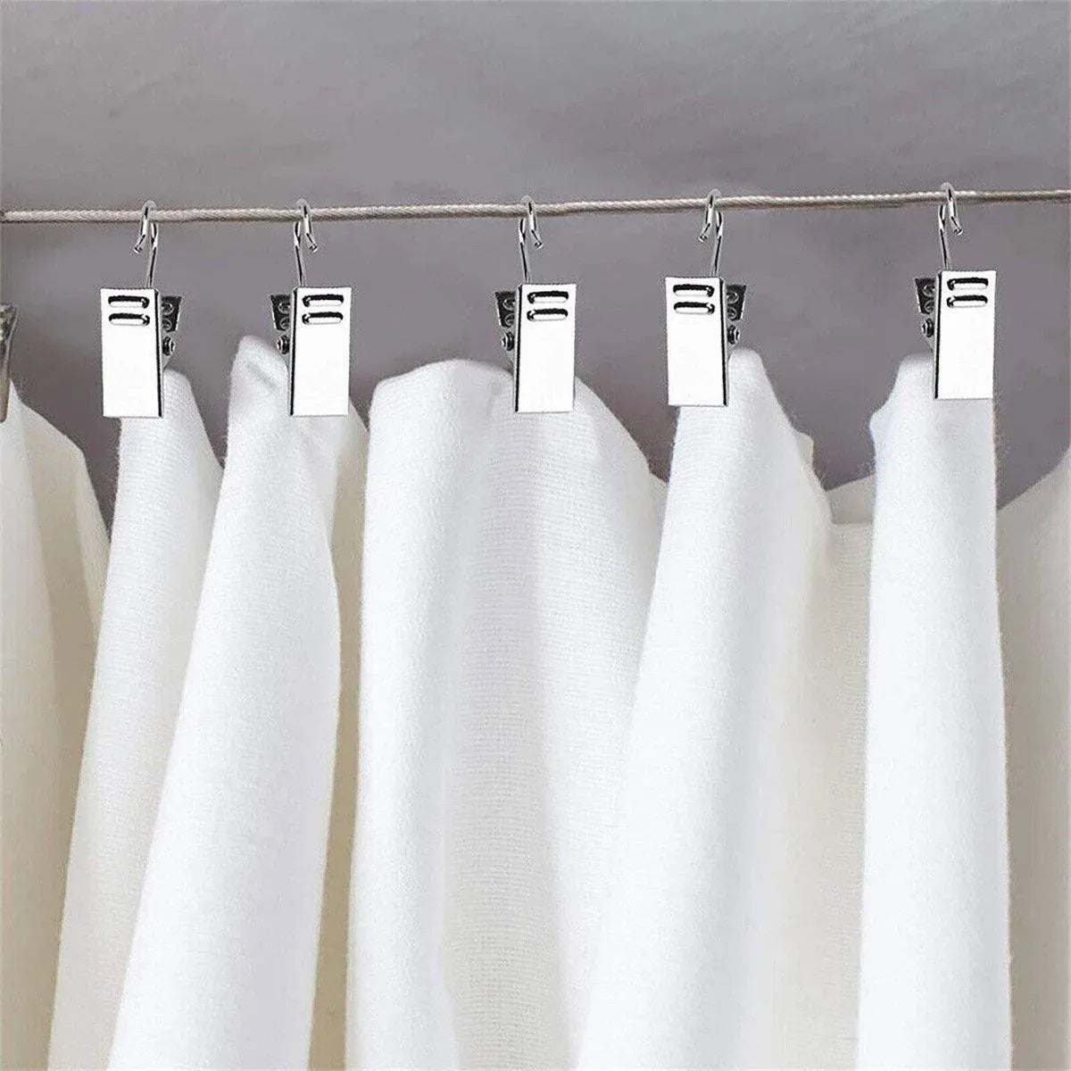 50PCS Stainless Steel Curtain Clip Hooks Strong Load-bearing Shower Accessories - Silver White
