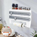 4In1 Wall Mount Kitchen Holder Foil Towel Roll Cling Wrap Rack Dispenser Cutter - Grey