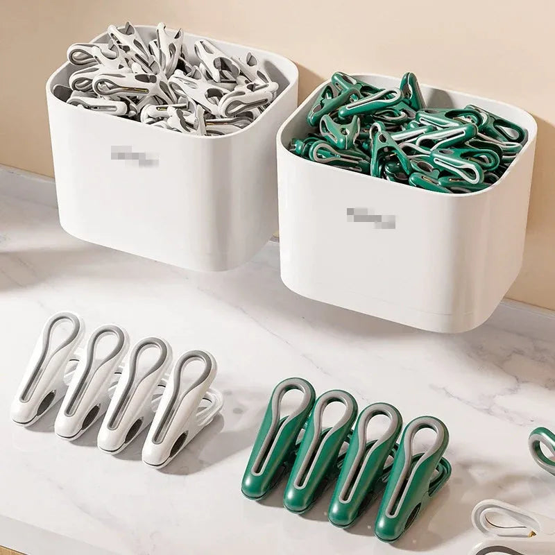 24pcs Clothes Pegs with Storage Basket Laundry Sock Clips Non Slip Drying Hanger - White