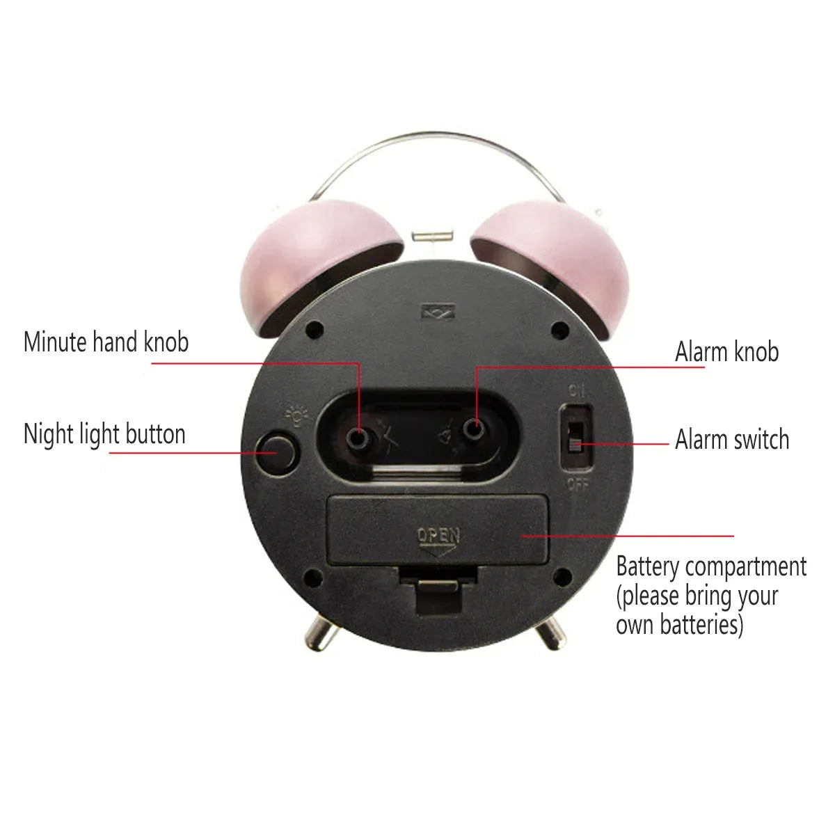Strong Wake-Up Alarm Clock with Night Light Battery-Powered Silent Durable