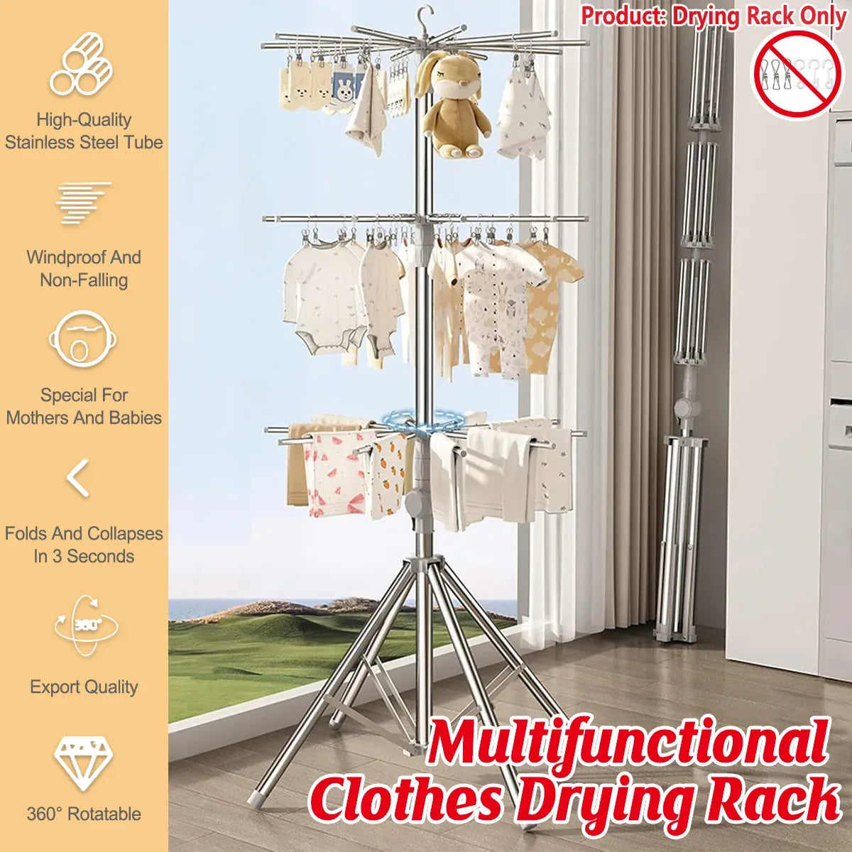 Folding Drying Rack Floor Stand Multi Functional Clothes Laundry Hanger Indoor