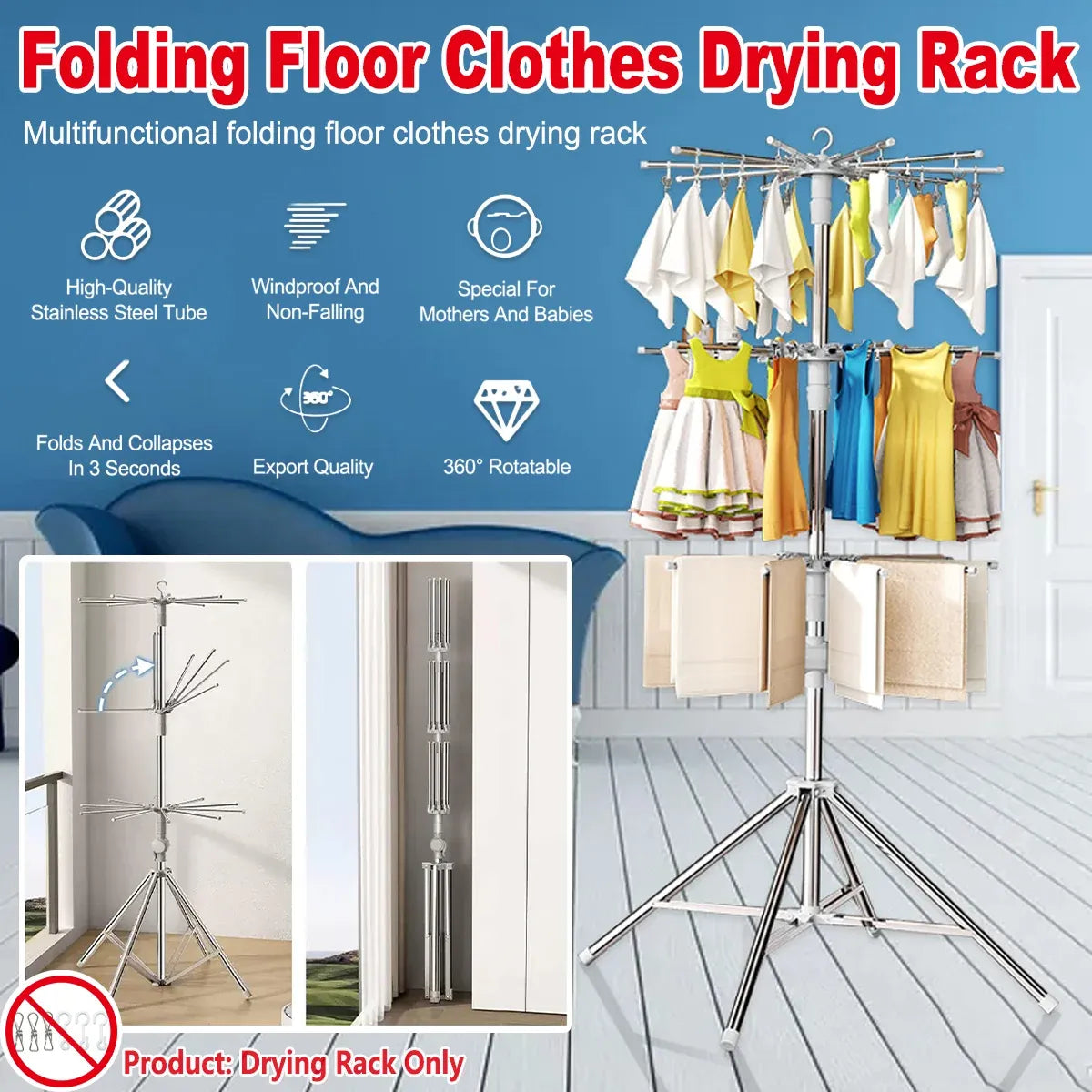 Folding Drying Rack Floor Stand Multi Functional Clothes Laundry Hanger Indoor