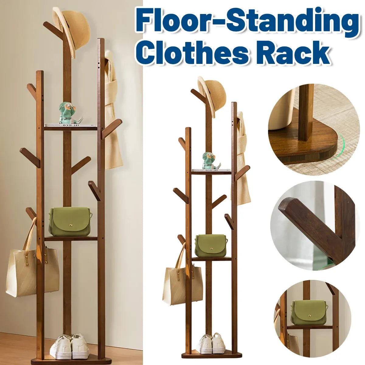 Bamboo Floor-Standing Clothes Rack with 8 Hooks Space Saving for Clothes Hat Bag