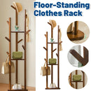 Bamboo Floor-Standing Clothes Rack with 8 Hooks Space Saving for Clothes Hat Bag