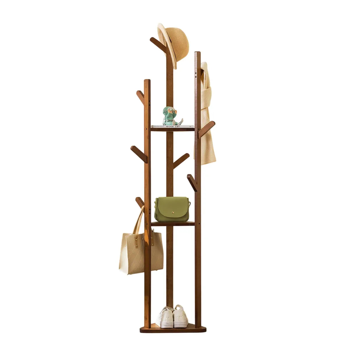 Bamboo Floor-Standing Clothes Rack with 8 Hooks Space Saving for Clothes Hat Bag