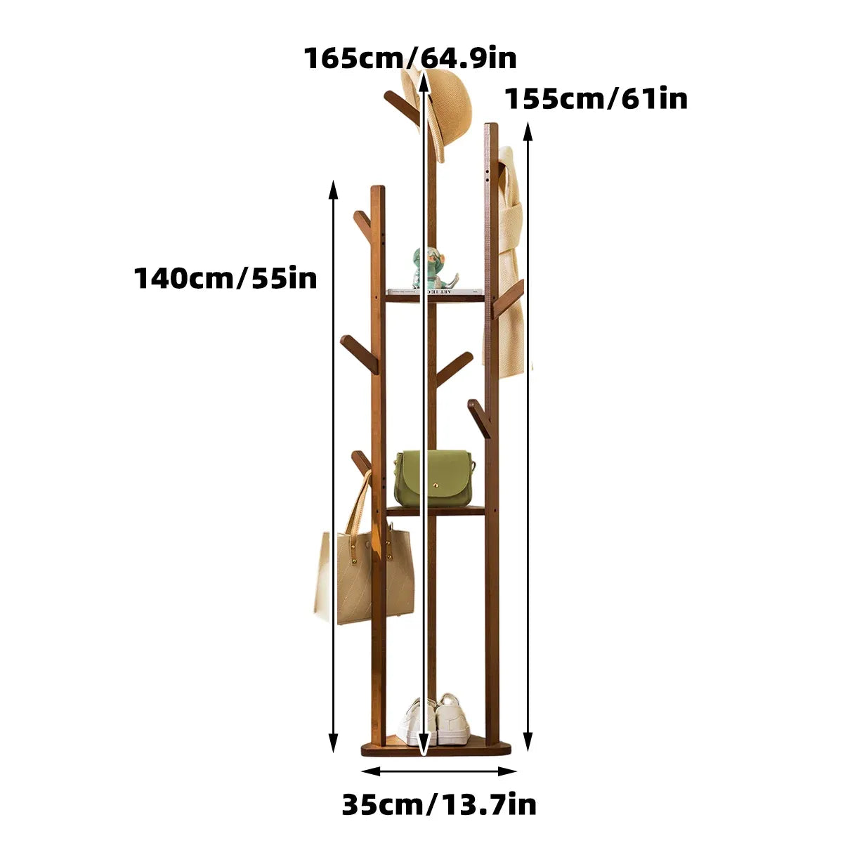 Bamboo Floor-Standing Clothes Rack with 8 Hooks Space Saving for Clothes Hat Bag