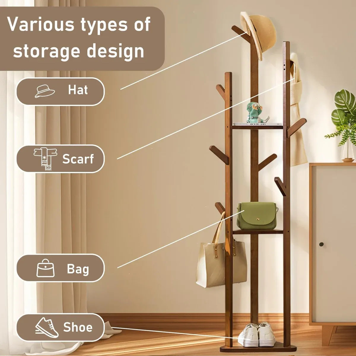 Bamboo Floor-Standing Clothes Rack with 8 Hooks Space Saving for Clothes Hat Bag