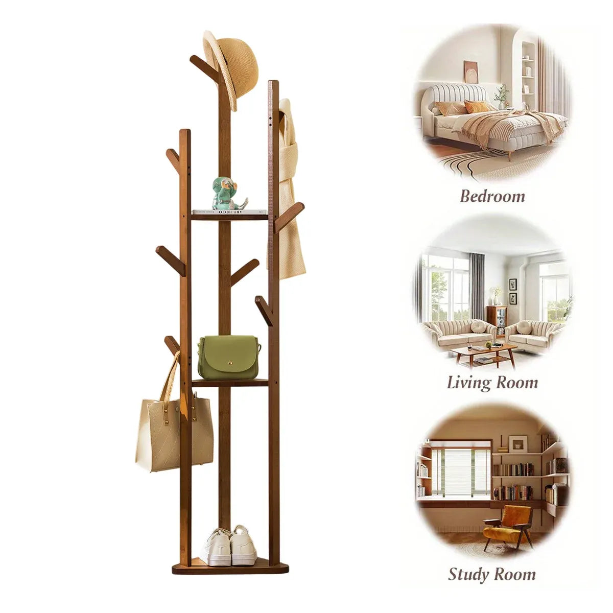 Bamboo Floor-Standing Clothes Rack with 8 Hooks Space Saving for Clothes Hat Bag