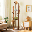 Bamboo Floor-Standing Clothes Rack with 8 Hooks Space Saving for Clothes Hat Bag
