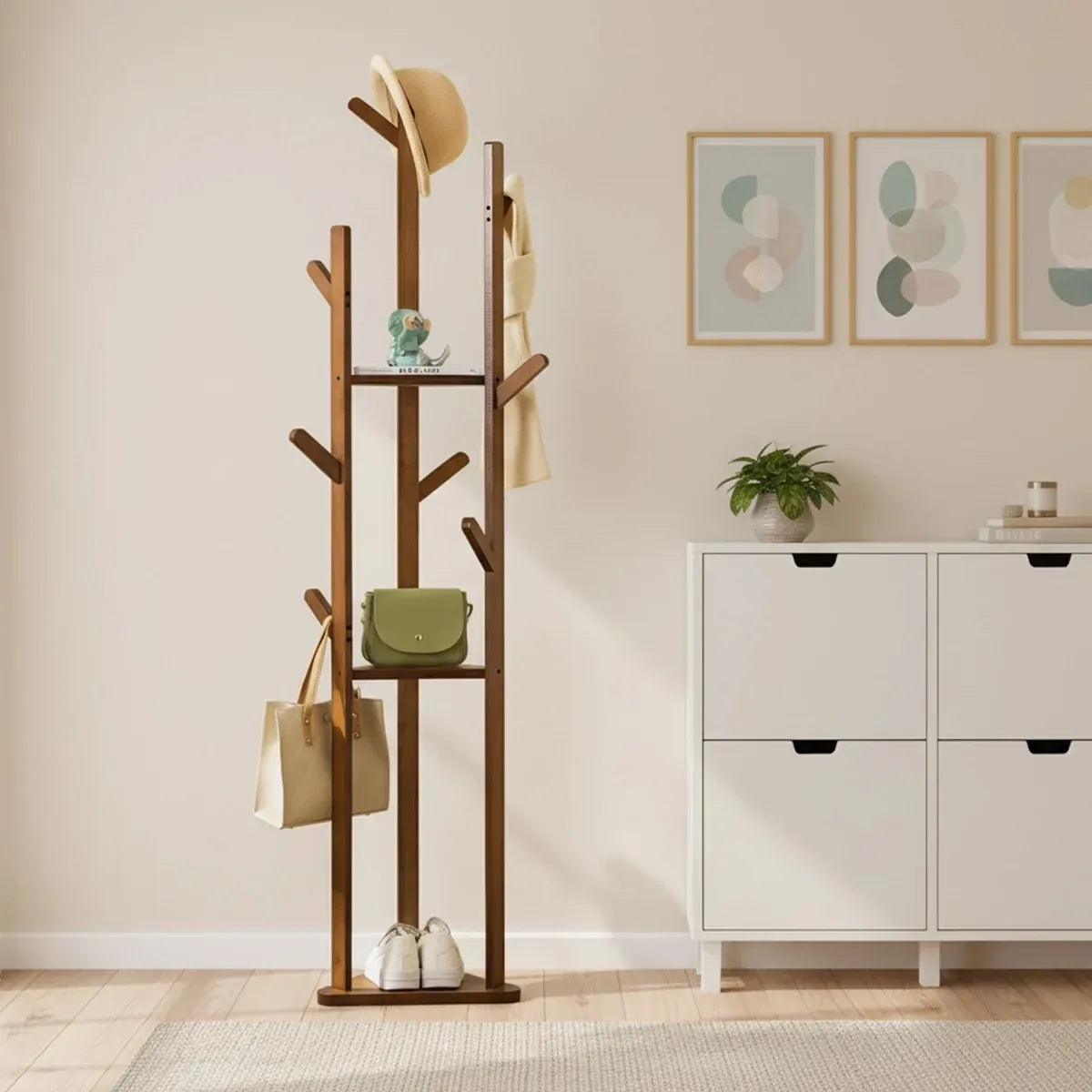 Bamboo Floor-Standing Clothes Rack with 8 Hooks Space Saving for Clothes Hat Bag