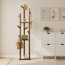 Bamboo Floor-Standing Clothes Rack with 8 Hooks Space Saving for Clothes Hat Bag