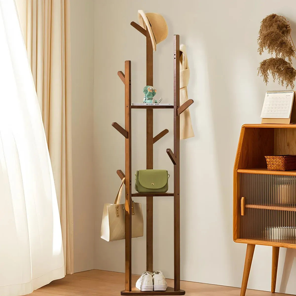 Bamboo Floor-Standing Clothes Rack with 8 Hooks Space Saving for Clothes Hat Bag