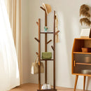 Bamboo Floor-Standing Clothes Rack with 8 Hooks Space Saving for Clothes Hat Bag