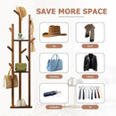 Bamboo Floor-Standing Clothes Rack with 8 Hooks Space Saving for Clothes Hat Bag