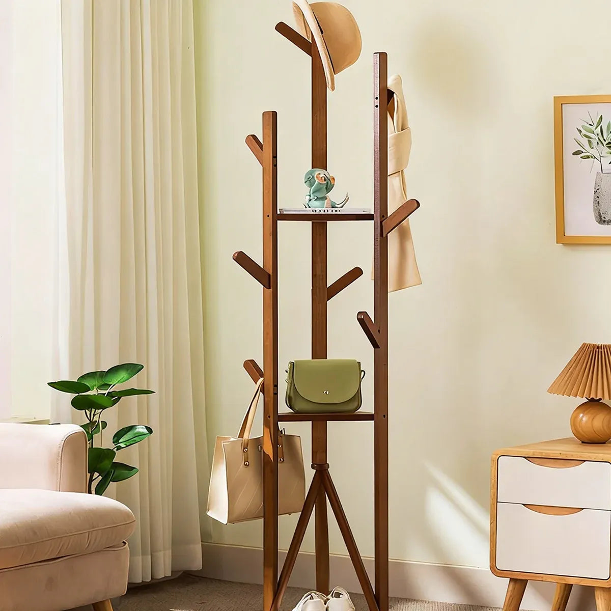 Bamboo Floor-Standing Clothes Rack with 8 Hooks Space Saving for Clothes Hat Bag