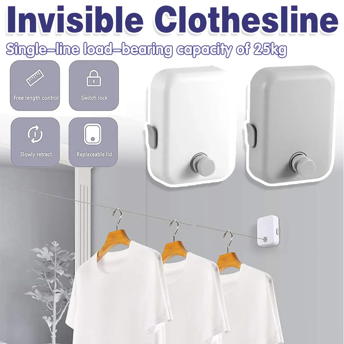 Invisible Clothesline Indoor Drying Rope Wall Mounted Laundry Retractable Line - Grey