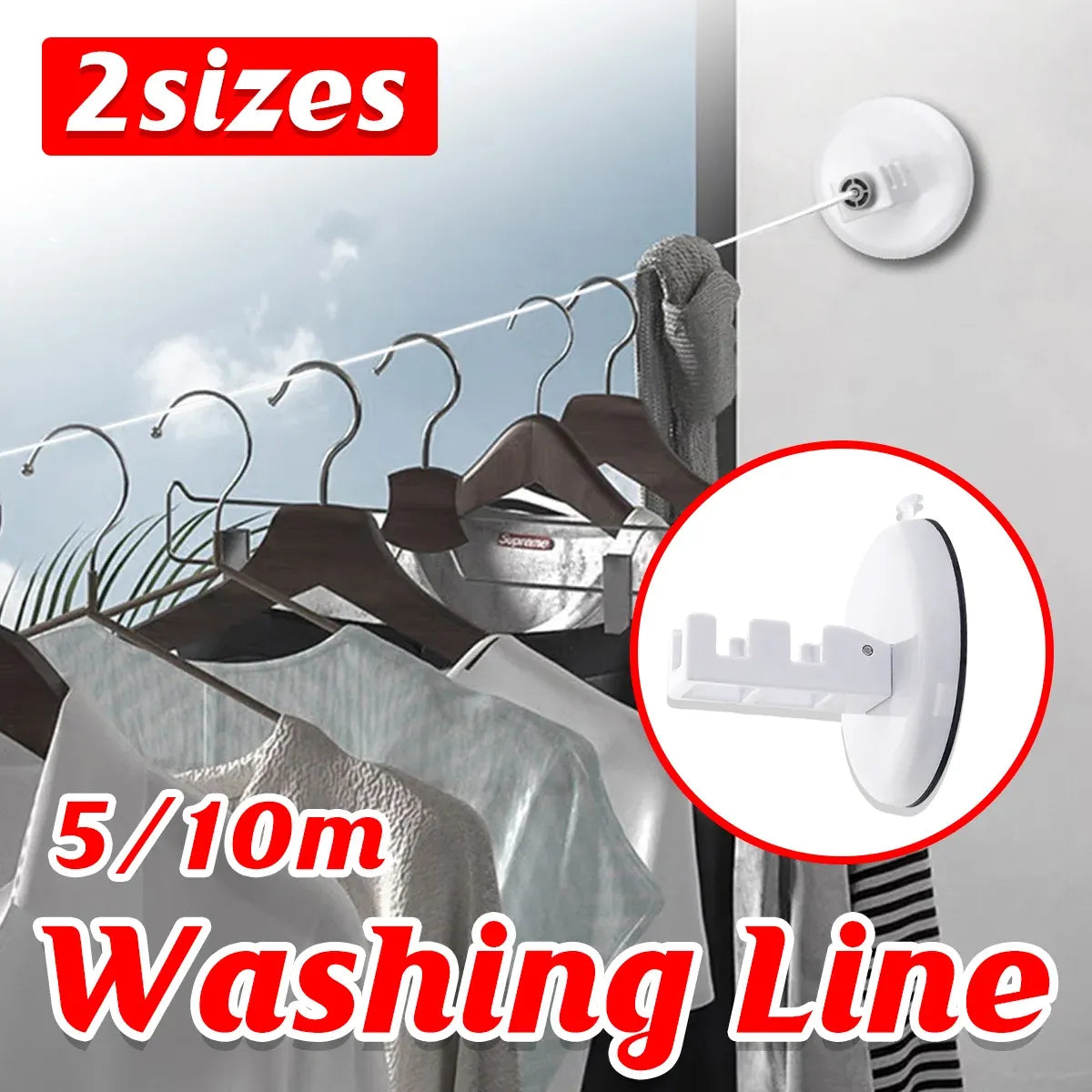 5m or 10m Wall-Mounted Suction Cup Clothesline Retractable Durable Sturdy Laundry - 5m