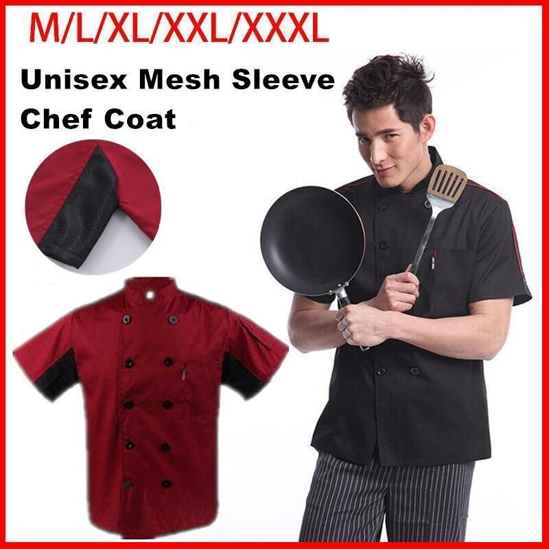 Red Unisex Mesh Sleeve Chef Coat Jacket Restaurant Hotel Cook Short Uniform - 3XL