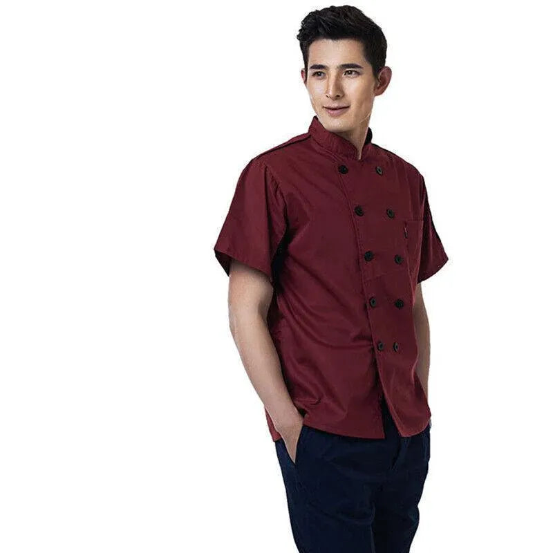 Red Unisex Mesh Sleeve Chef Coat Jacket Restaurant Hotel Cook Short Uniform - 3XL