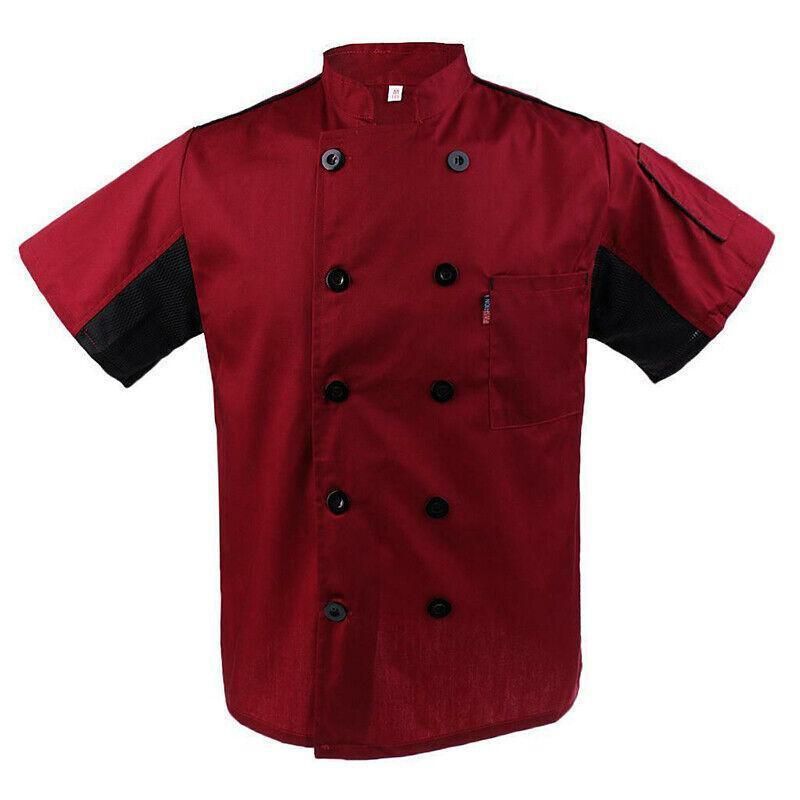 Red Unisex Mesh Sleeve Chef Coat Jacket Restaurant Hotel Cook Short Uniform - L
