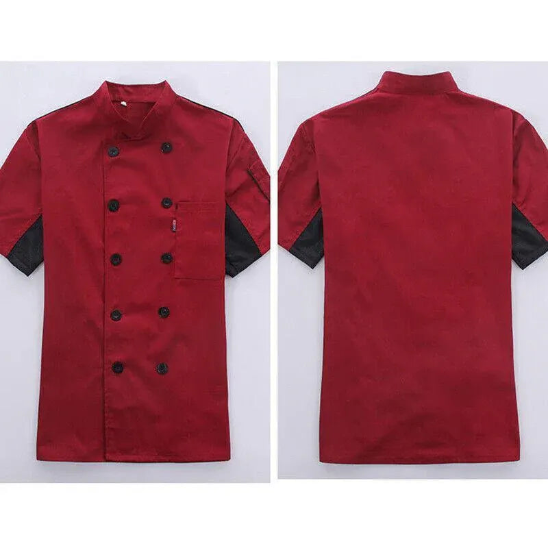 Red Unisex Mesh Sleeve Chef Coat Jacket Restaurant Hotel Cook Short Uniform - XL