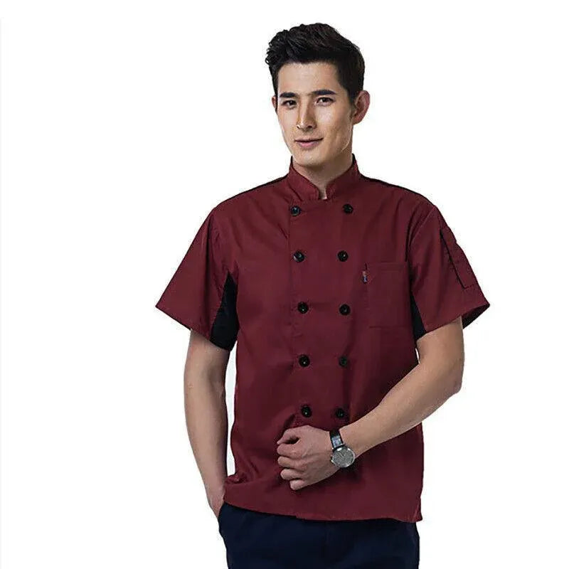 Red Unisex Mesh Sleeve Chef Coat Jacket Restaurant Hotel Cook Short Uniform - XL