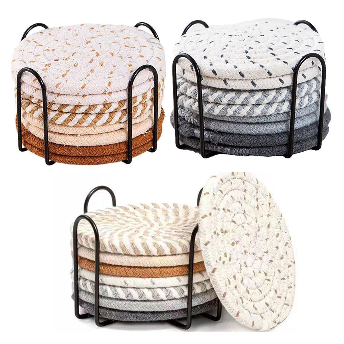 8PCS Round Cotton Woven Coaster Heat Resistant Thick Insulation Dining Table Mat - Brown
