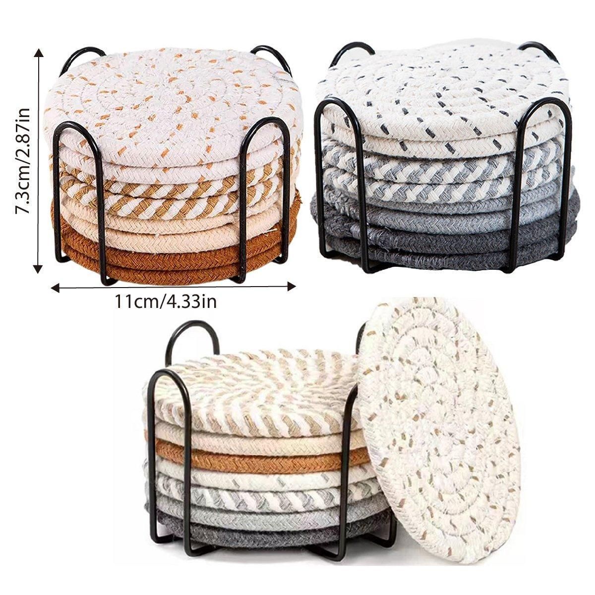 8PCS Round Cotton Woven Coaster Heat Resistant Thick Insulation Dining Table Mat - Brown