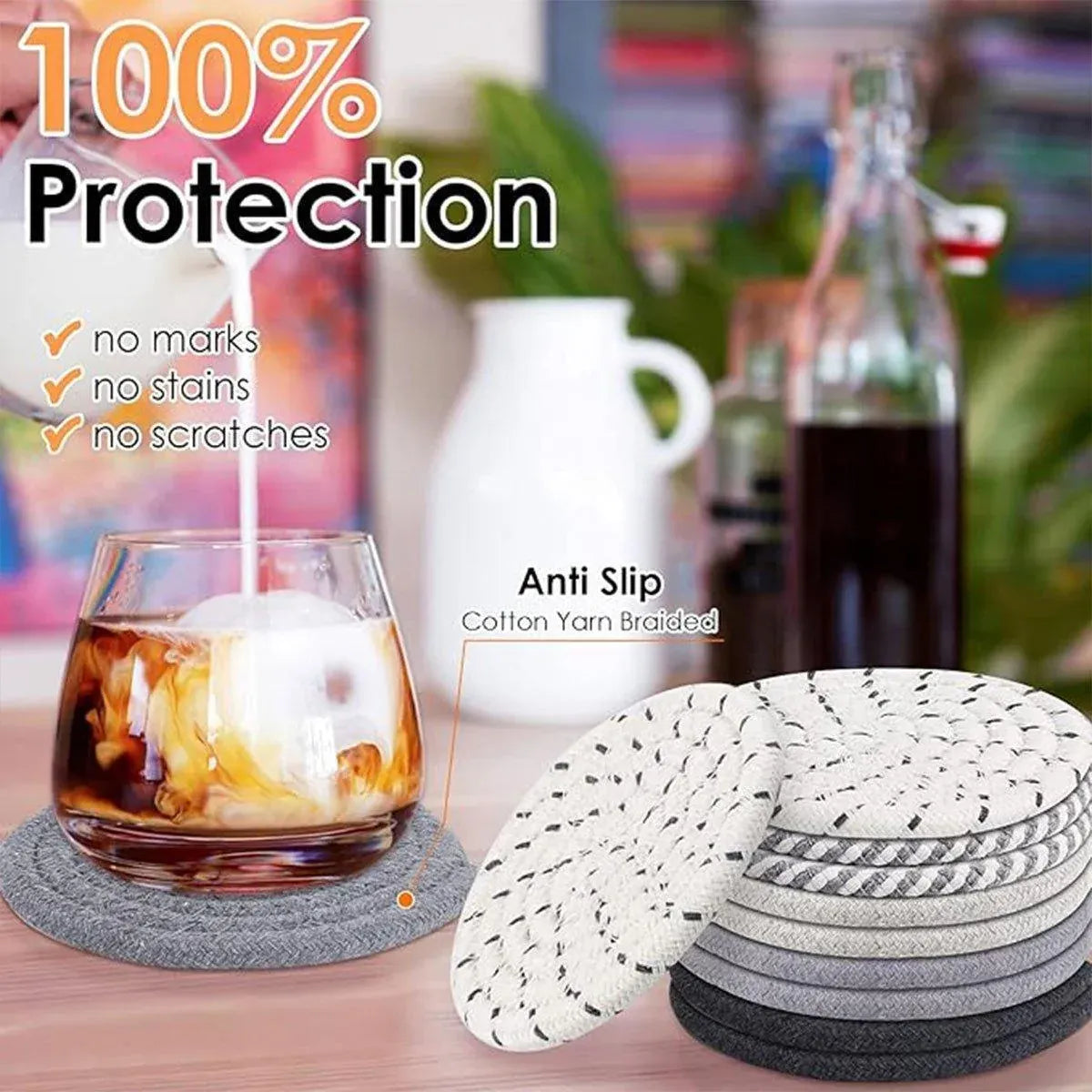 8PCS Round Cotton Woven Coaster Heat Resistant Thick Insulation Dining Table Mat - Brown