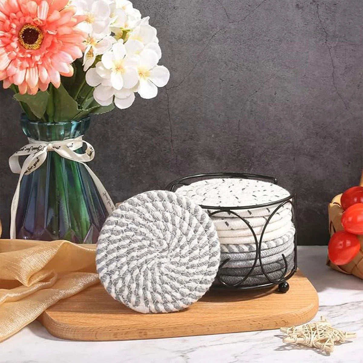 8PCS Round Cotton Woven Coaster Heat Resistant Thick Insulation Dining Table Mat - Brown