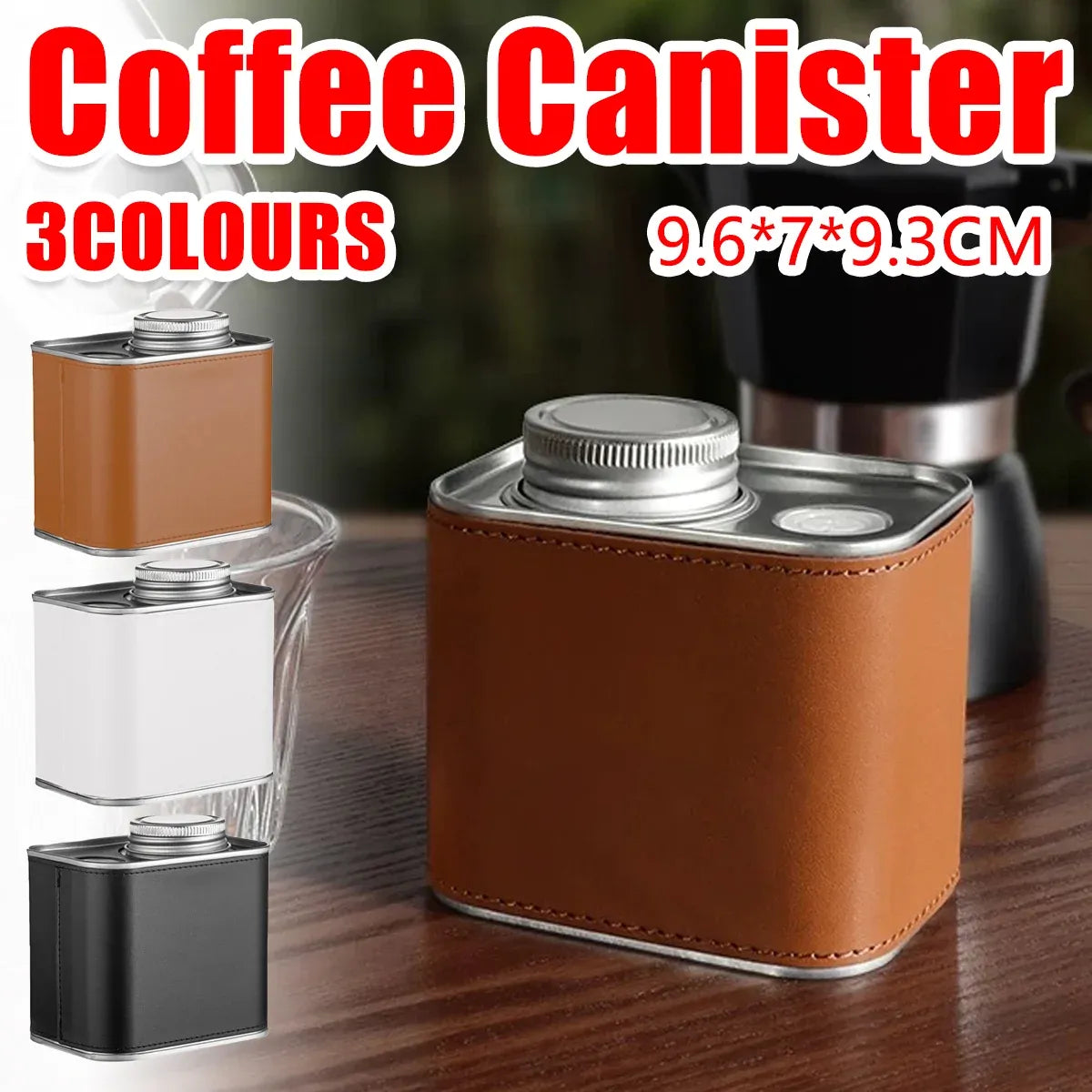 Airtight Coffee Canister Storage Jar Pour Valve Leather 9.6 x 7 x 9.3cm - Brown