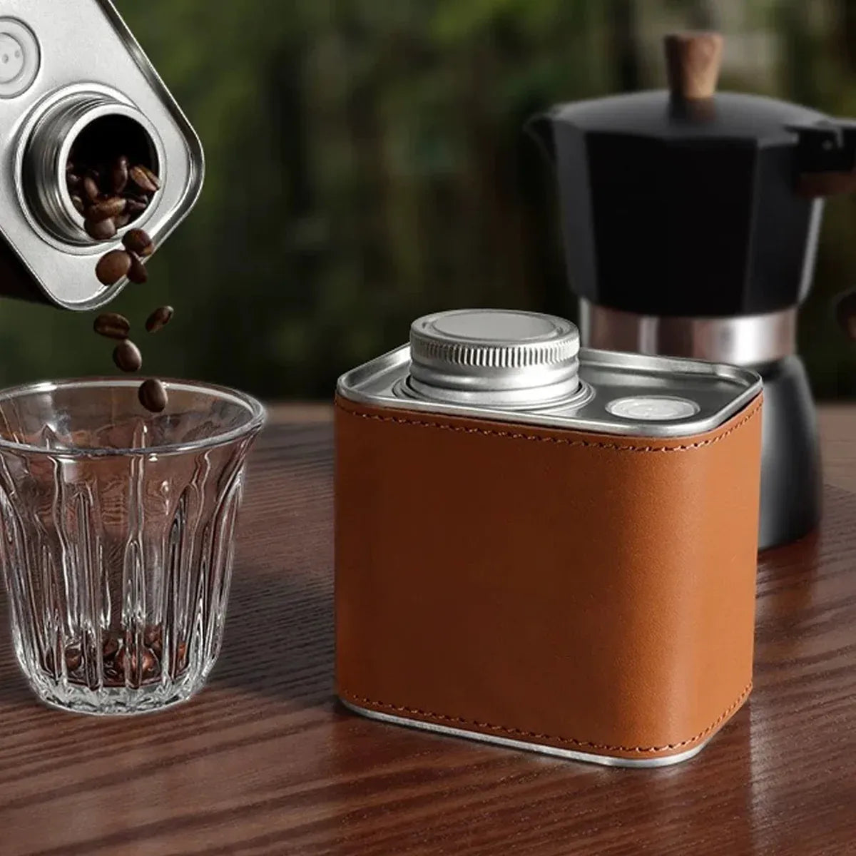 Airtight Coffee Canister Storage Jar Pour Valve Leather 9.6 x 7 x 9.3cm - Brown