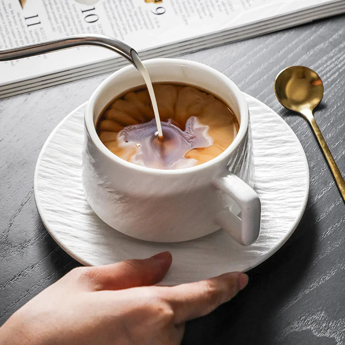 Ceramic Coffee Cup and Saucer Set Simple Tea Mug Breakfast Drinkware Household - White
