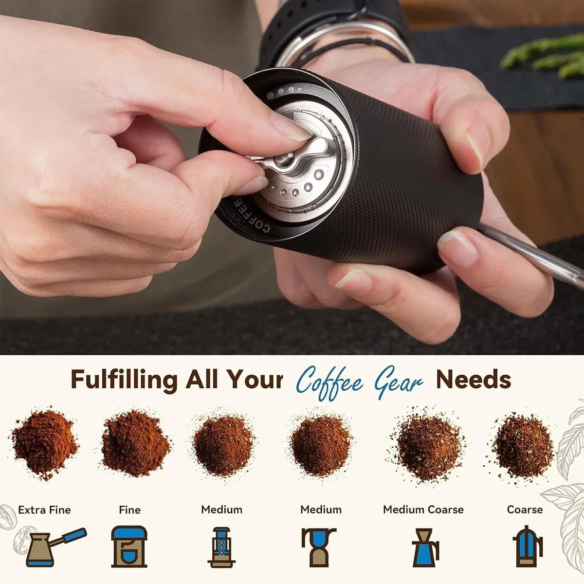 Hand Crank Coffee Grinder for Home Travel Stainless Steel Durable Easy Clean - Black