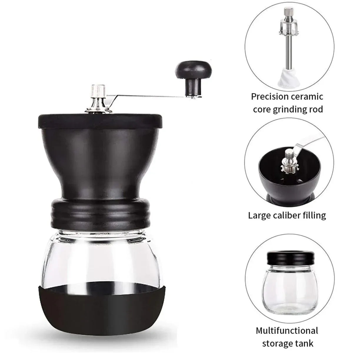 Manual Coffee Bean Grinder Glass Hand Crank Portable Grinding Mill for Home Use
