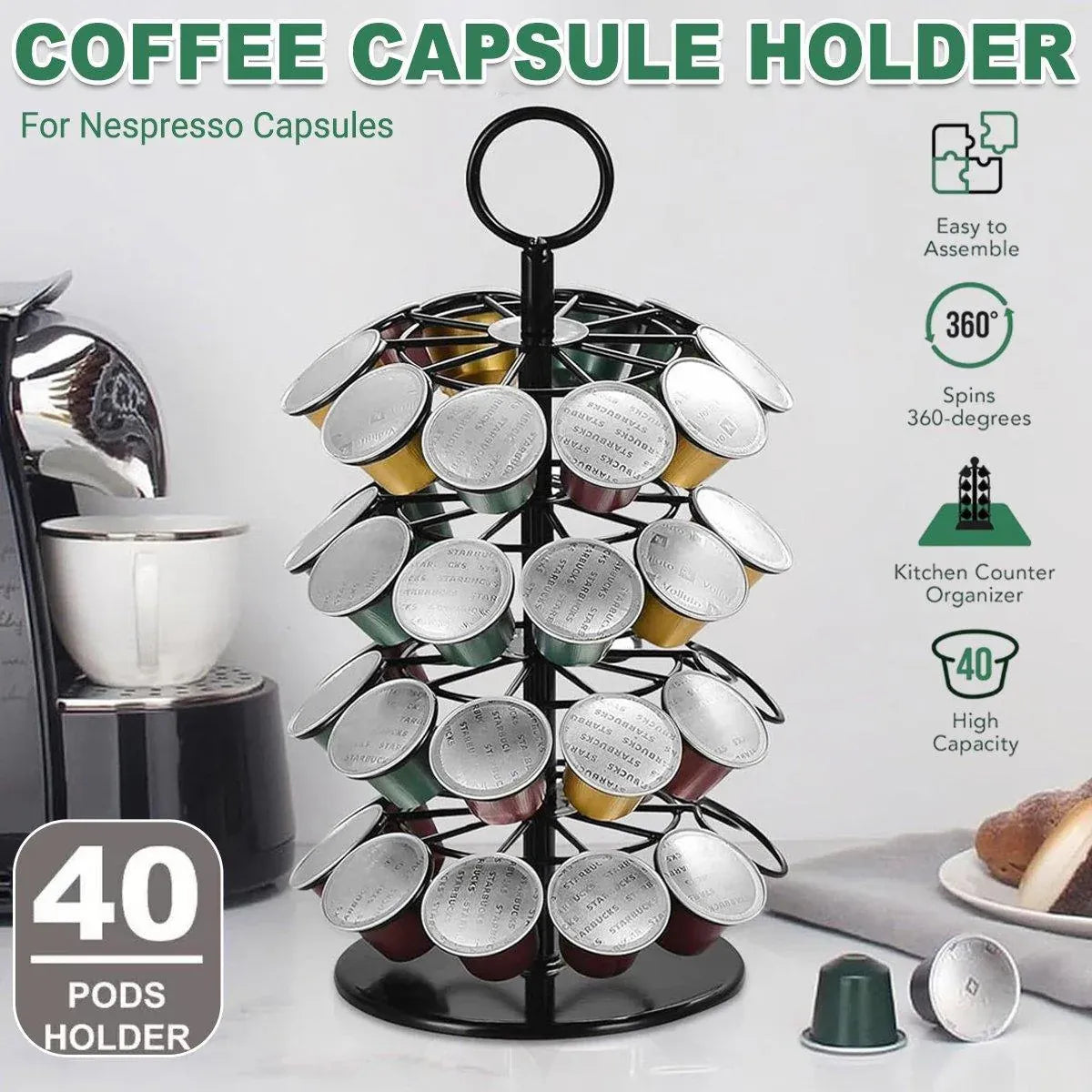 Coffee Capsule Organizer 360 Degree Rotating Holder Rack for 40 Pods Storage