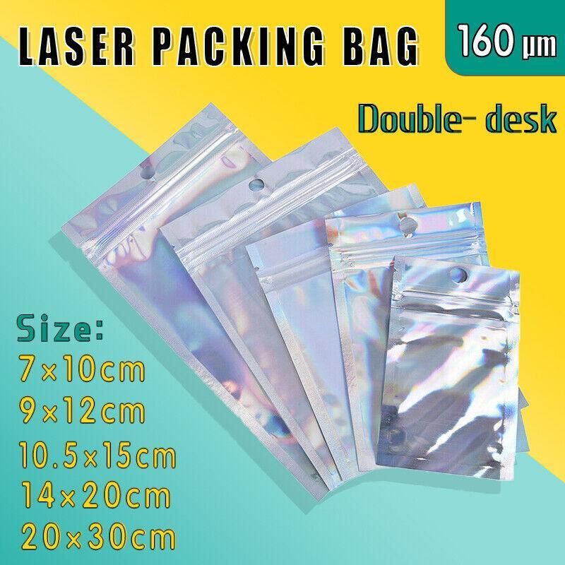 100/200X Iridescent Zip Bags for Food Storage & Holographic Makeup Pouch - 20*30cm 100PCS