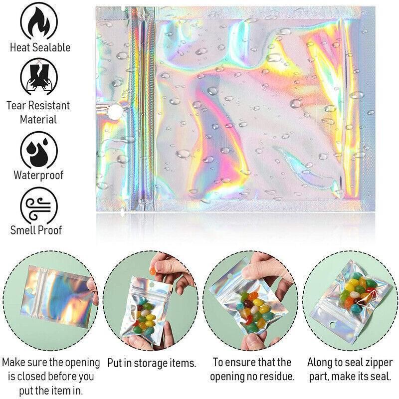 100/200X Iridescent Zip Bags for Food Storage & Holographic Makeup Pouch - 20*30cm 100PCS