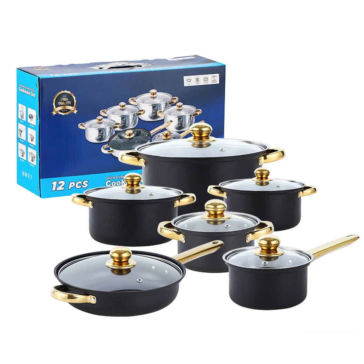 Stainless Steel 12 Piece Cookware Set Heat Resistant For Home Kitchen Cooking