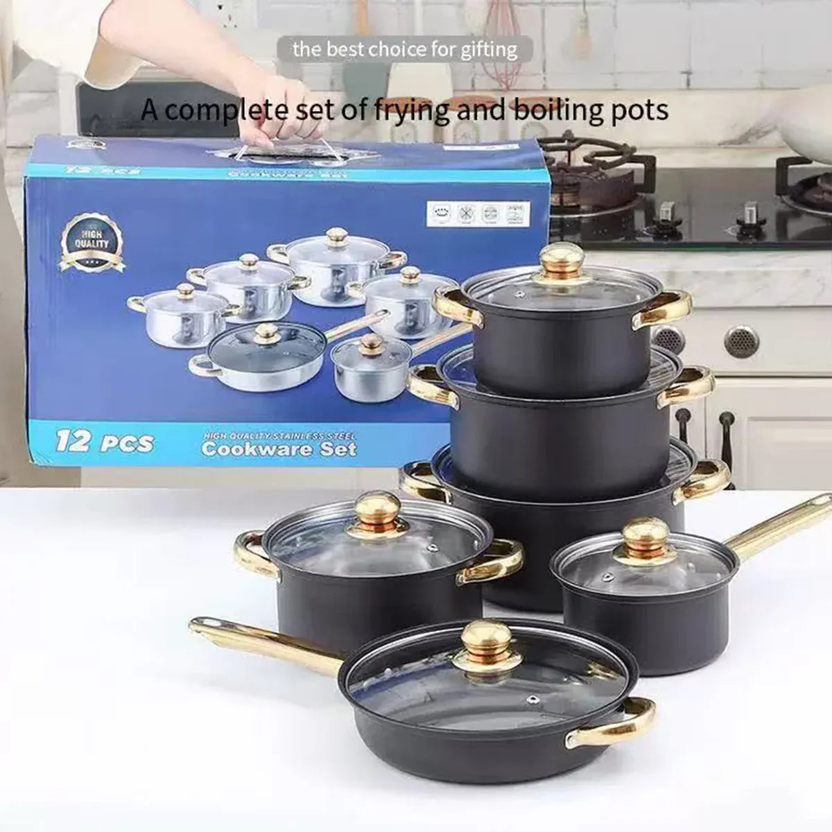 Stainless Steel 12 Piece Cookware Set Heat Resistant For Home Kitchen Cooking