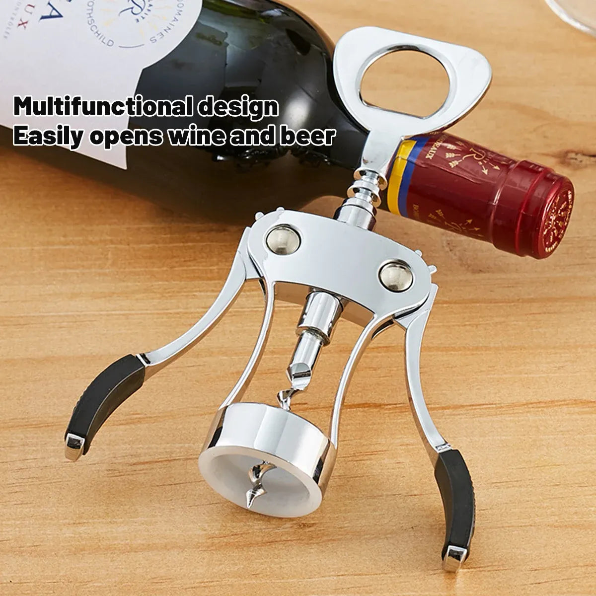 Wine Corkscrew Bottle Opener Winged Lever Zinc Alloy Crown Cap Lifter Silver