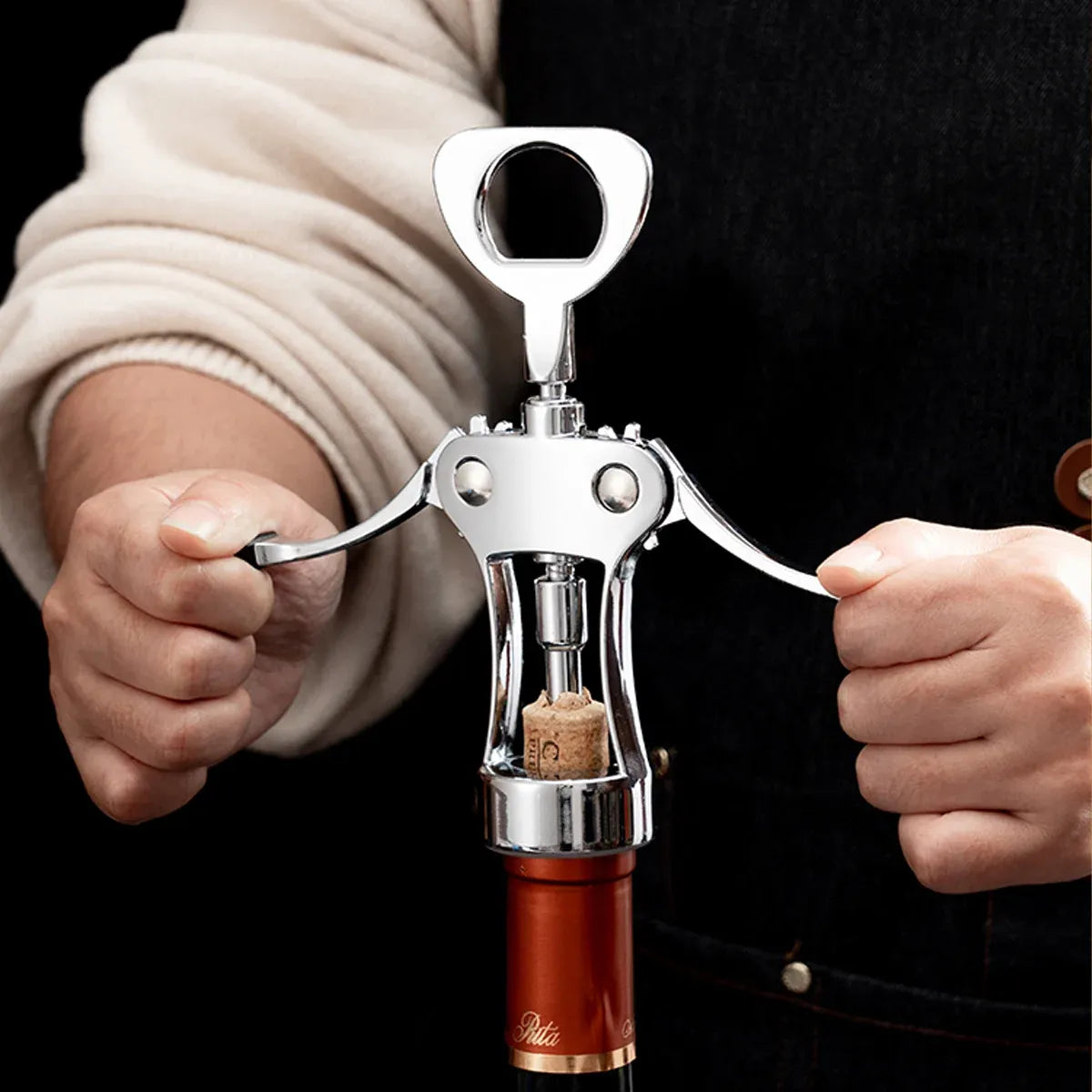 Wine Corkscrew Bottle Opener Winged Lever Zinc Alloy Crown Cap Lifter Silver
