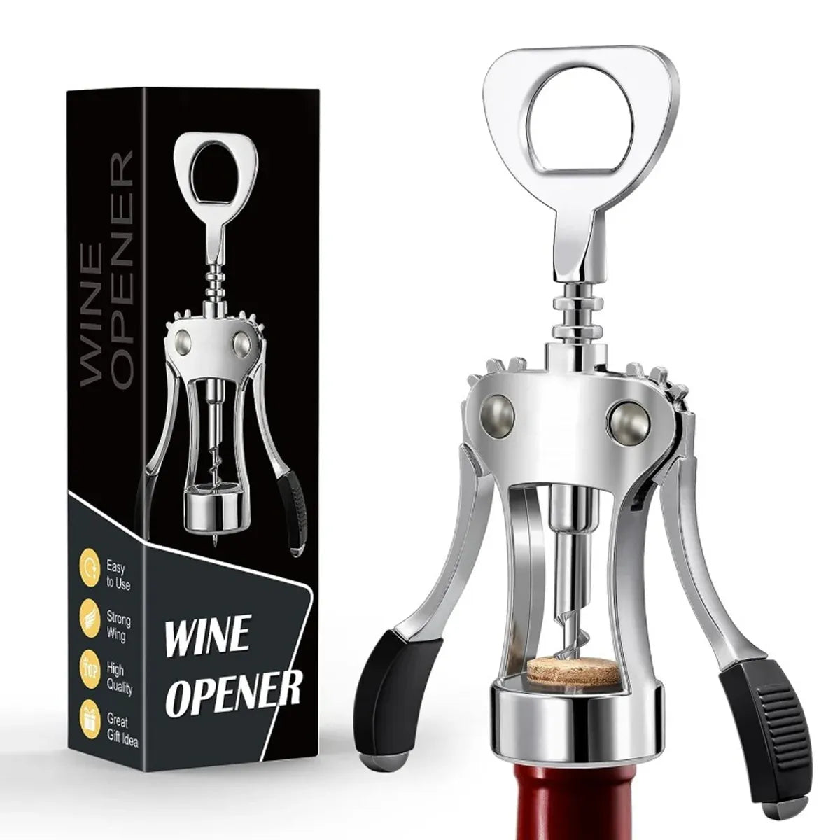 Wine Corkscrew Bottle Opener Winged Lever Zinc Alloy Crown Cap Lifter Silver