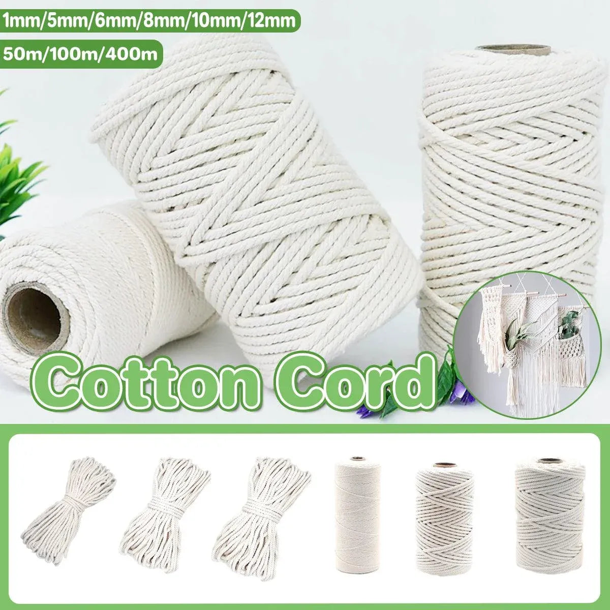 Cotton Rope Macrame Cord 1-12mm DIY Craft Tapestry Binding Decorative String - 12mm x 50m