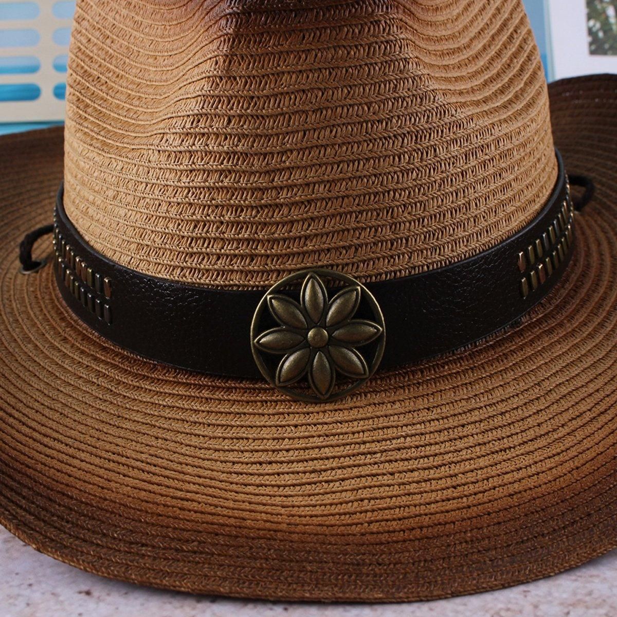 Outdoor Western Cowboy Hat Unisex Straw Hat Visor Hats Big Wide Brim Hat Summer - Khaki