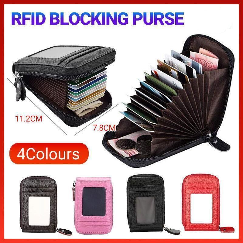 Rfid Blocking Leather Wallet Anti-Theft Credit Card Holder Men Women Coin Purse - Red