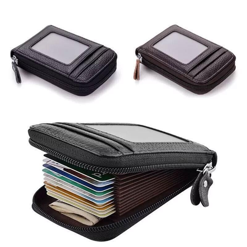 Rfid Blocking Leather Wallet Anti-Theft Credit Card Holder Men Women Coin Purse - Red