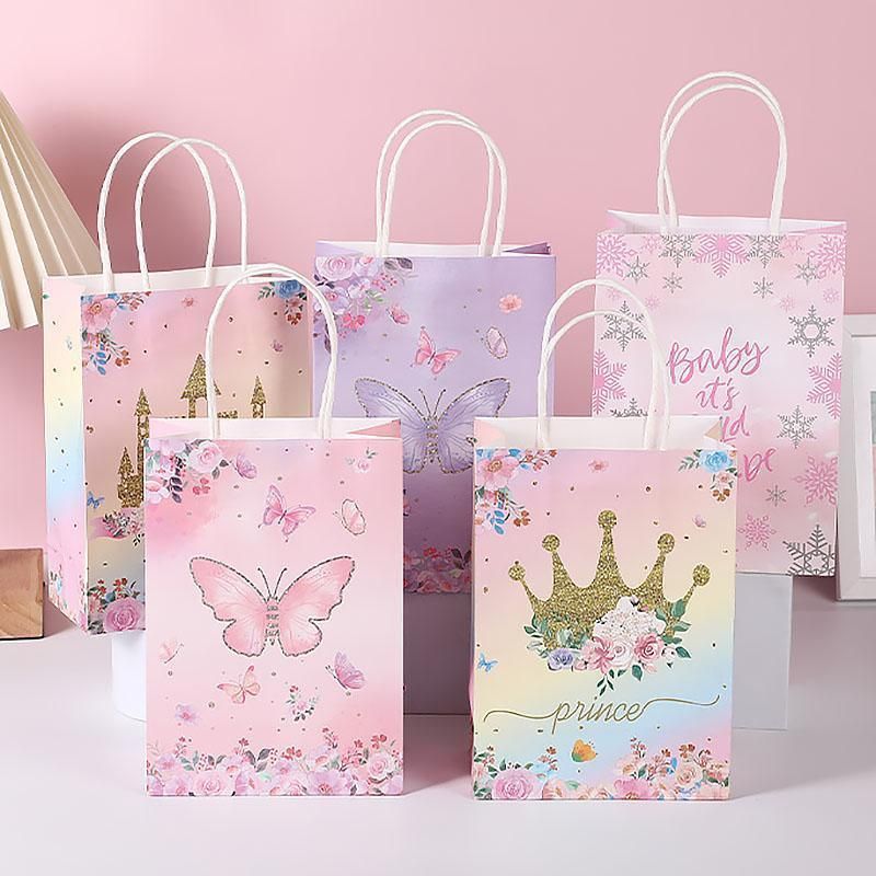 30pcs Pink Romantic Flower Tote Bag Cowhide Paper Elegant Design Gift Bag - Crown