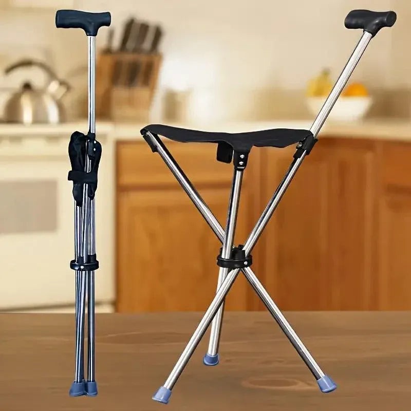 Stainless Steel Walking Stick with Seat Folding Cane Chair for Travel and Outdoor Use