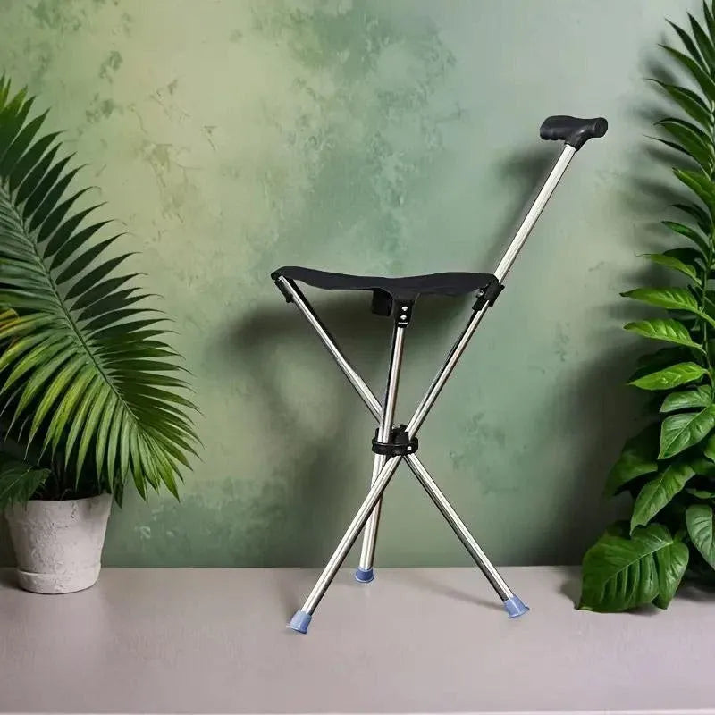 Stainless Steel Walking Stick with Seat Folding Cane Chair for Travel and Outdoor Use